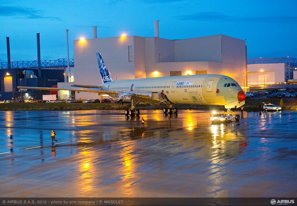 The first A350 XWB flight test aircraft is moved from station to station at the final assembly line in Toulouse, France.  