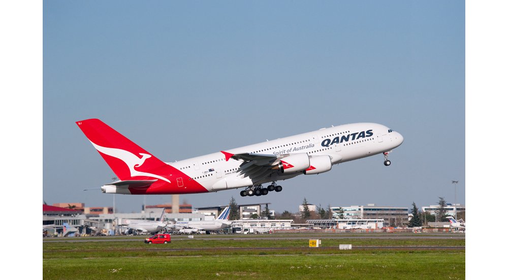 Takeoff of an Airbus A380 in the livery of Australia’s Qantas. 