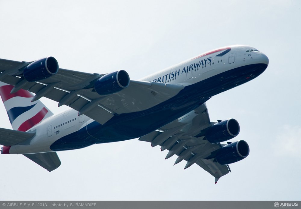The first A380 delivered to British Airways is shown in flight. 
