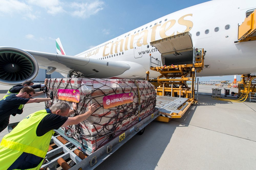 Emirates takes delivery of its 50th  Airbus A380. 41 tonnes of relief goods on board this ferry flight. It is the 136th A380 which has been delivered in total.