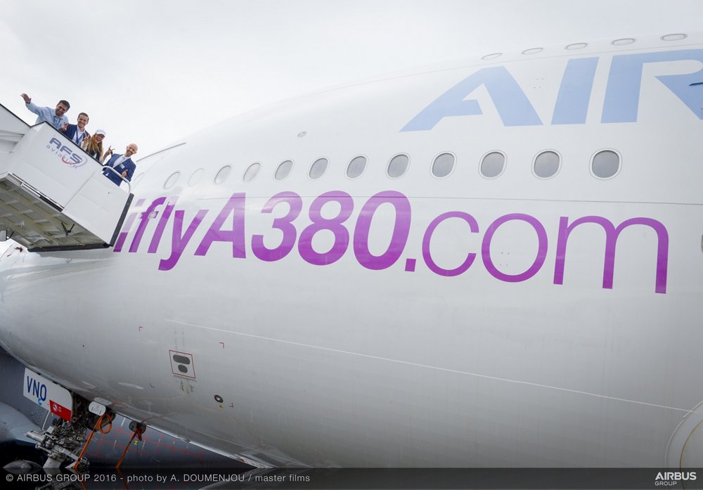 The website address for Airbus’ “I fly A380” booking assistant is displayed on the fuselage of an A380 exhibited at the 2016 Farnborough International Airshow. 
