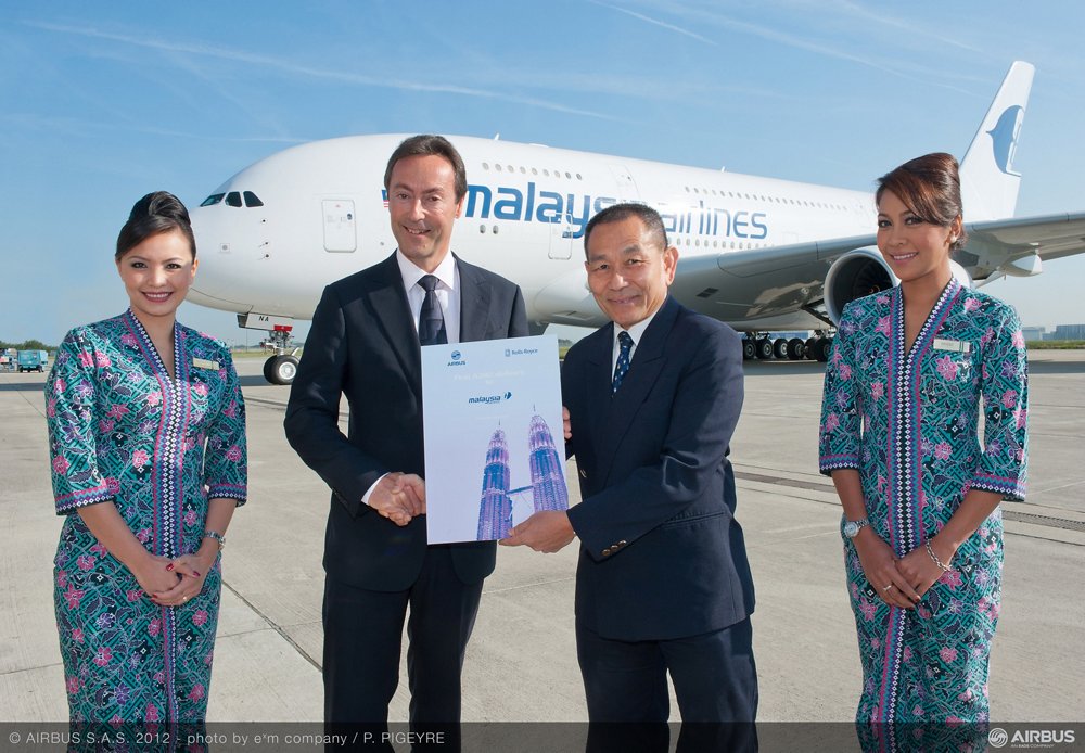 The 2012 delivery of Malaysia Airlines’ no. 1 A380 was marked by company officials in Toulouse, France, home to the airplane’s final assembly line.  