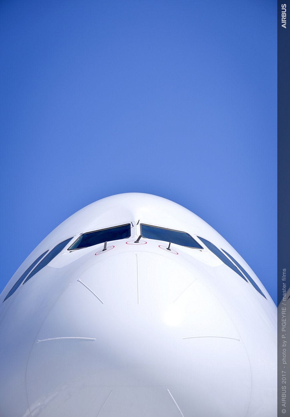 A close-up look at the A380’s nose section, including cockpit windows