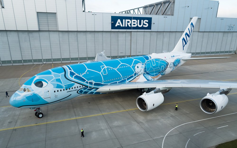 The first A380 for Japan’s All Nippon Airways seen after the roll-out from the Airbus paint shop in Hamburg, Germany with its special livery depicting sea turtles native to Hawaii. 