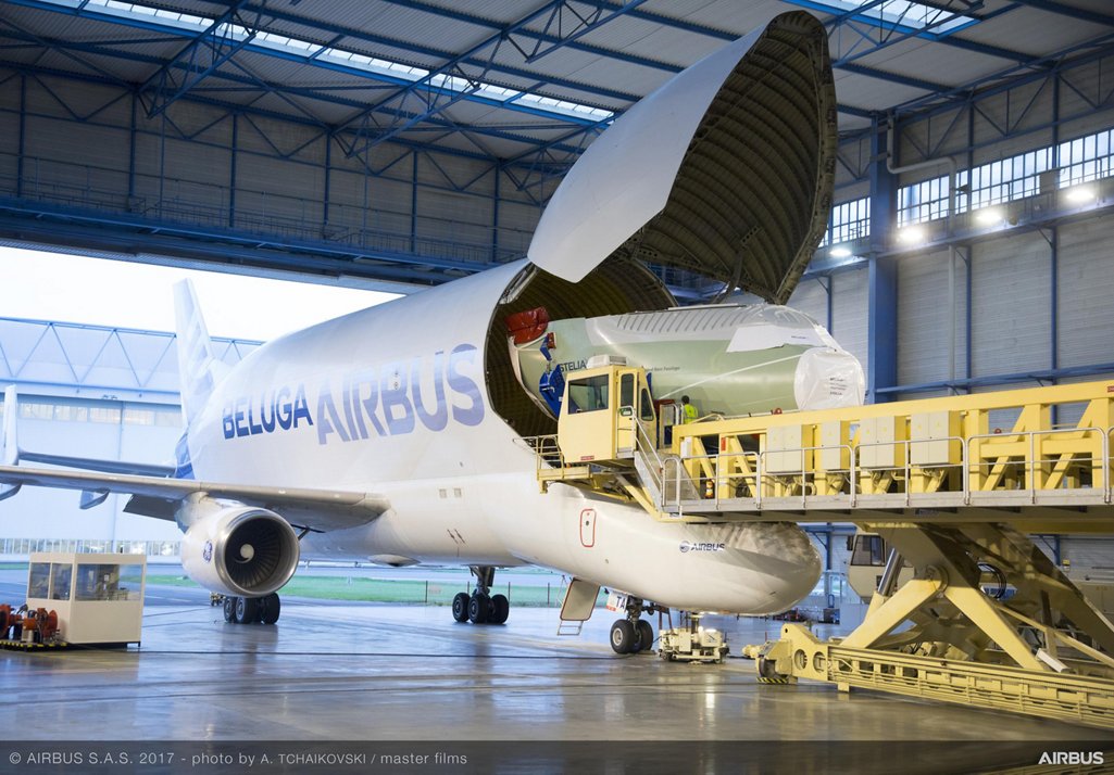 The fully-equipped nose section of the first BelugaXL oversized cargo airlifter – designed, assembled and equipped by Stelia Aerospace – was delivered to the Airbus final assembly line in Toulouse, France by a BelugaST aircraft
