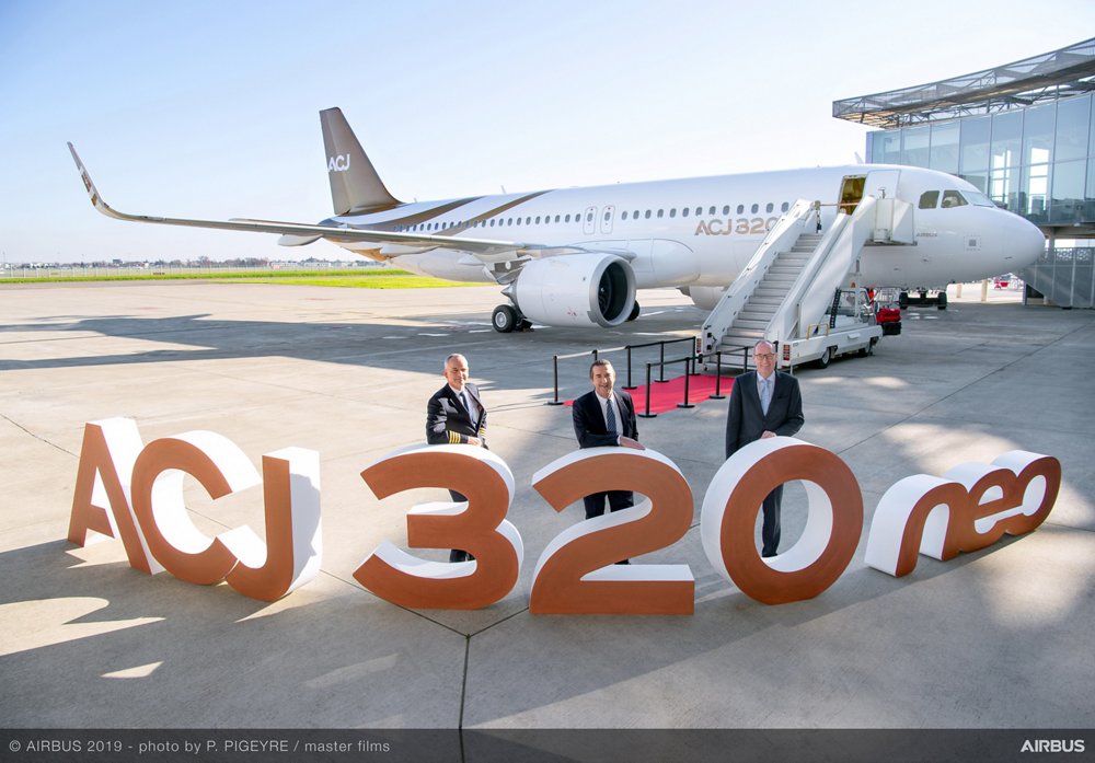 Top managers from Airbus and Acropolis Aviation mark delivery of the first ACJ320neo corporate jet, which occurred in 2019.  