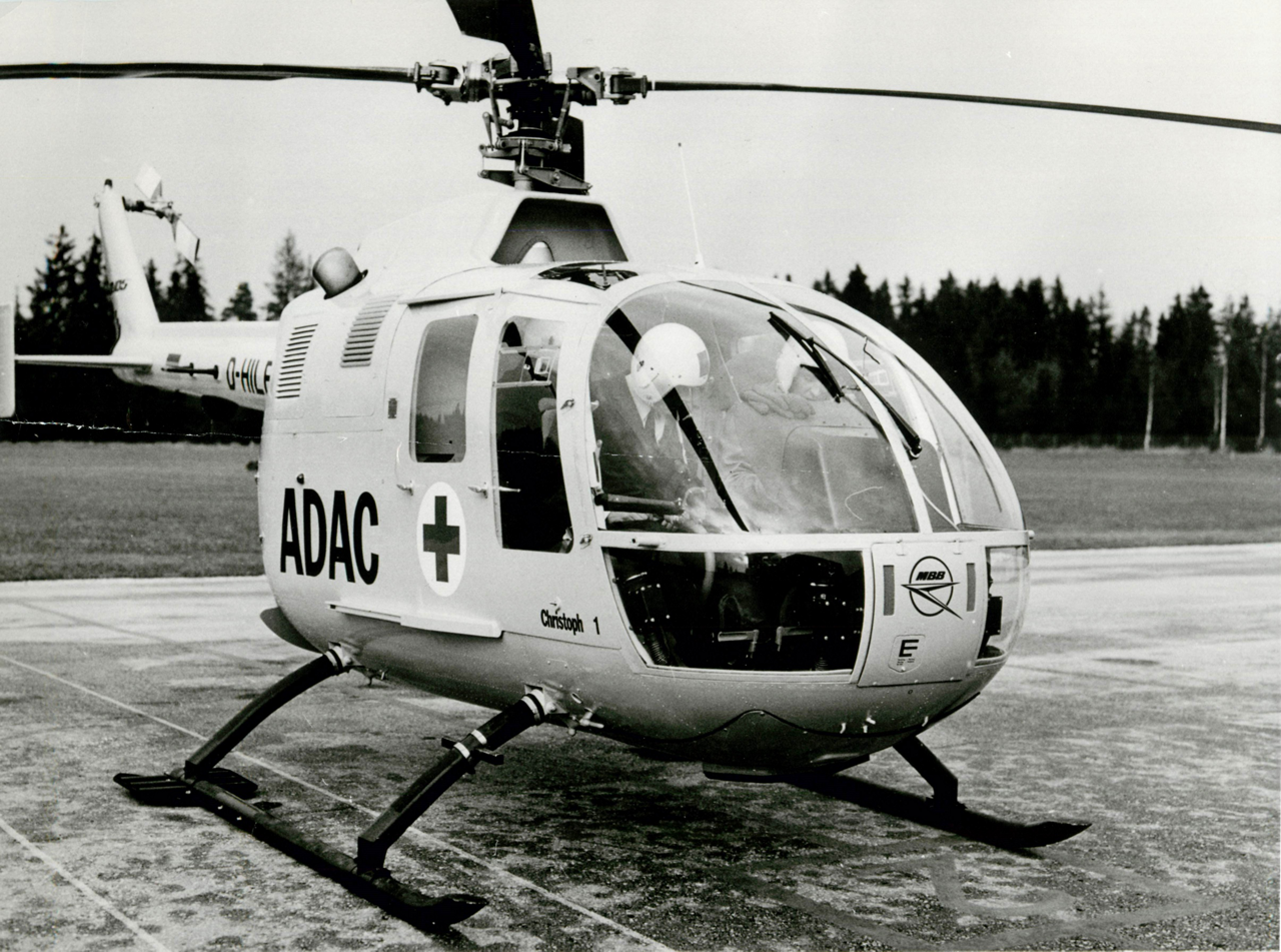 A parked Bo 105 helicopter operated by Germany’s ADAC air rescue service.