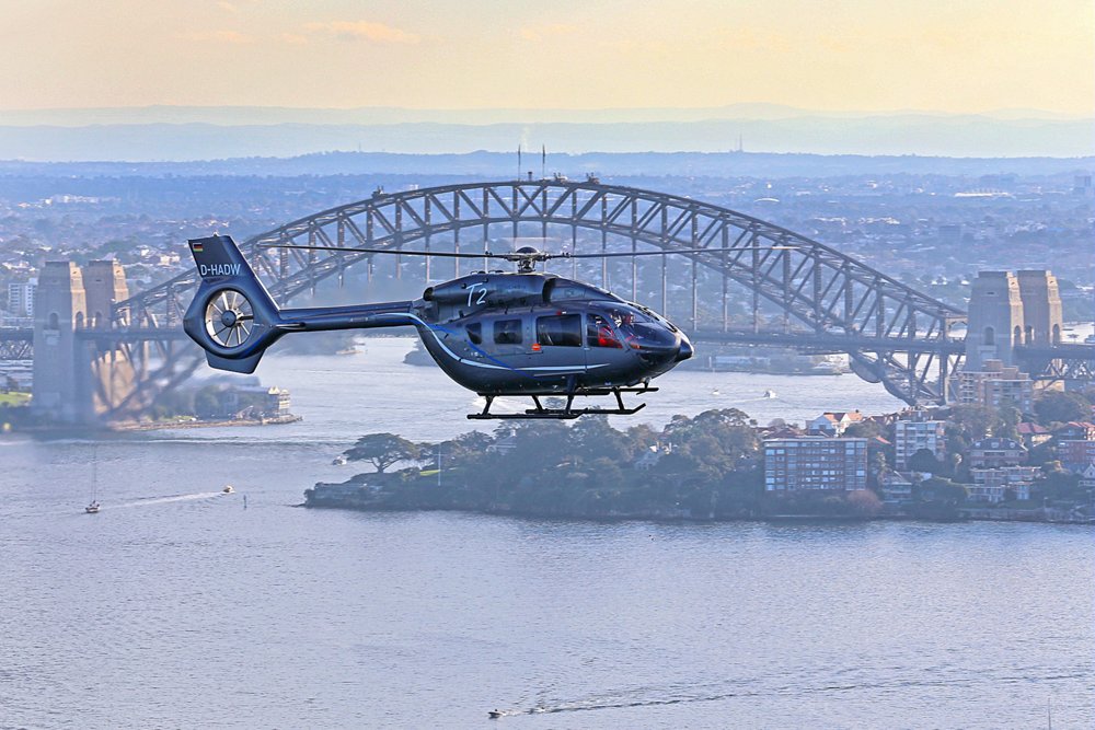 An in-flight view of the EC145 T2 helicopter (later re-designated H145), which was unveiled in 2011.  