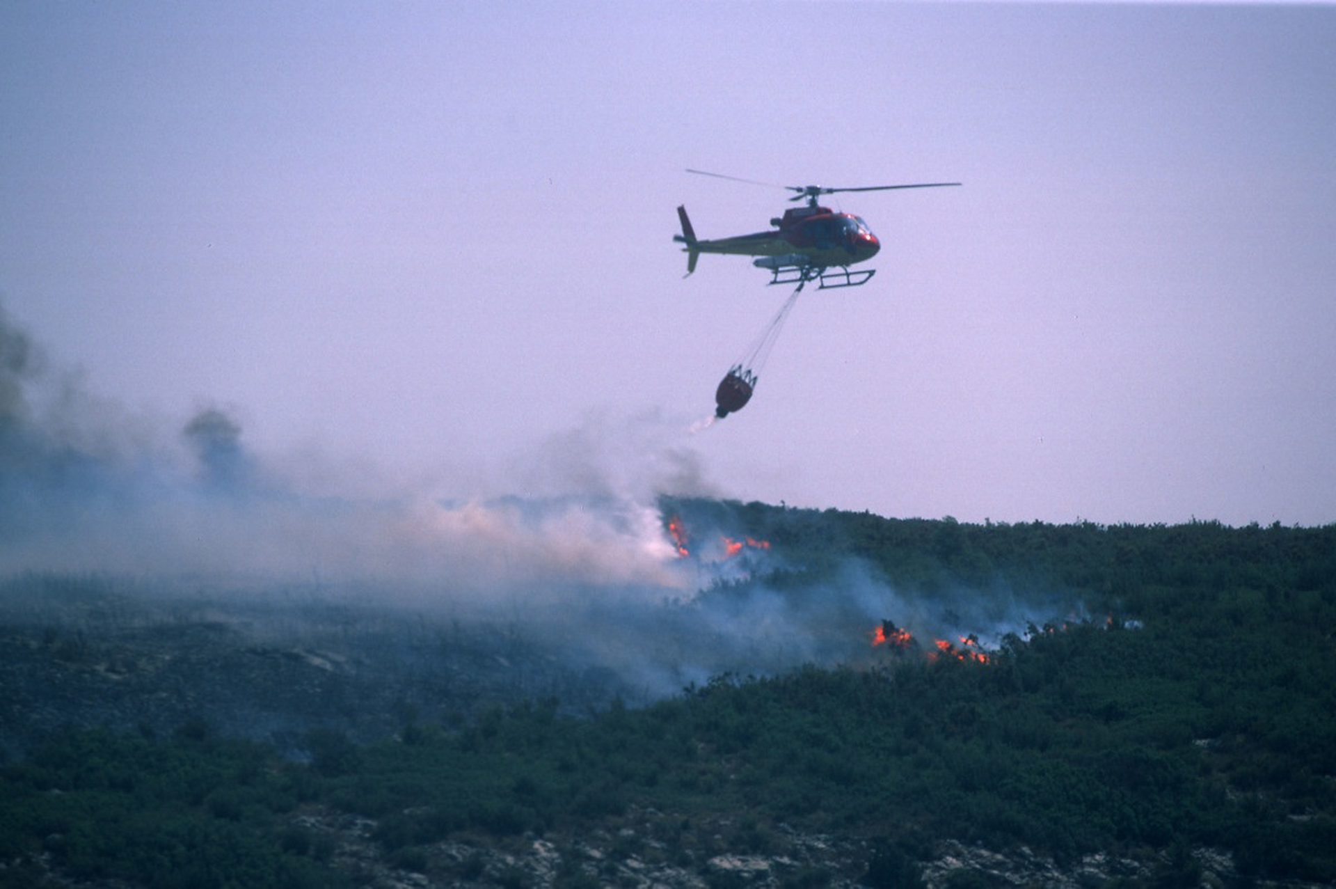 A helicopter fights a wildfire with deployment of a bucket-type water dispersal system.