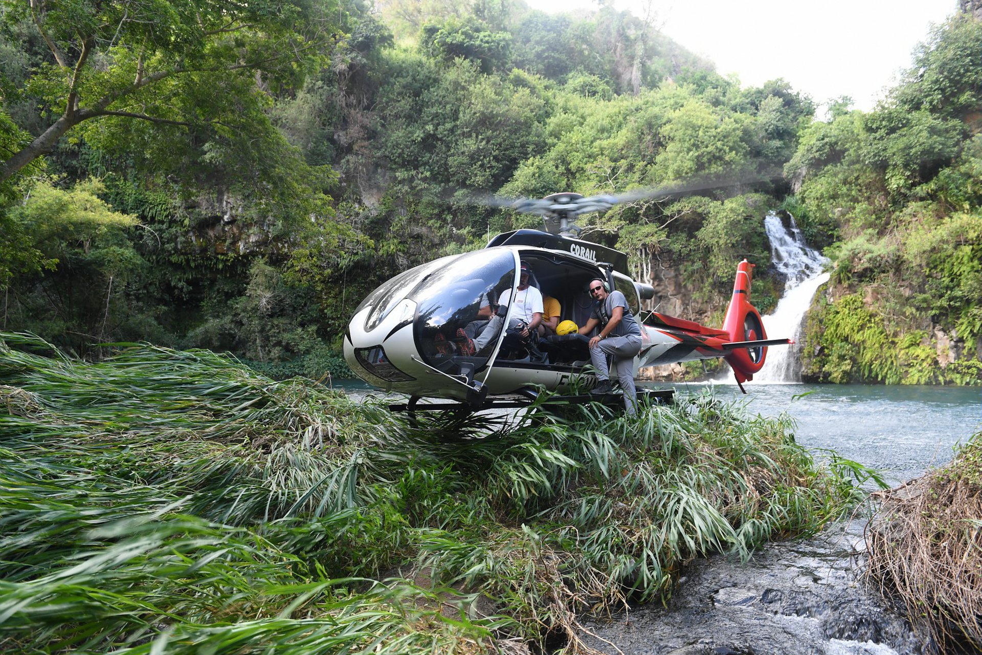 An Airbus H130 delivered to Corail Hélicoptères touches down in a jungle area.