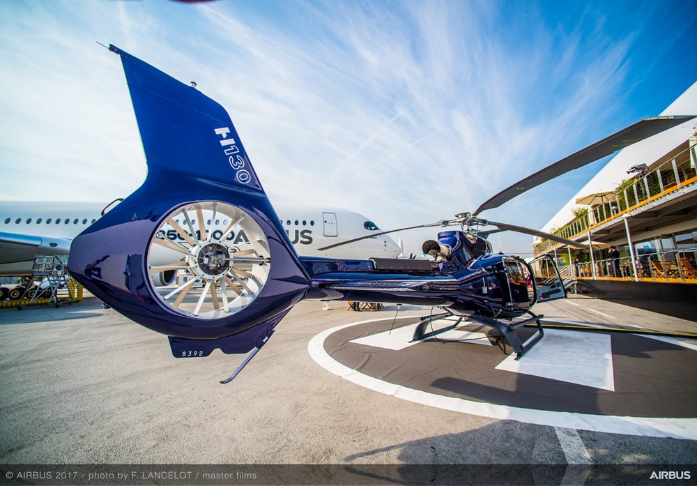 A detailed view of an Airbus H130 helicopter’s Fenestron® tail rotor