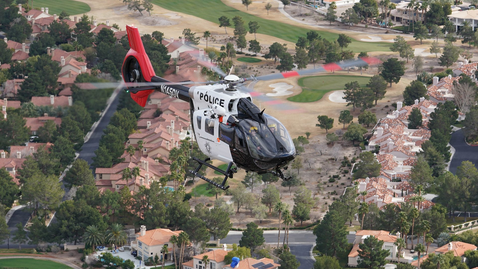 The Las Vegas Metropolitan Police watching over the city of Las Vegas in an H145. They operate six helicopters, deployed 80% of the time on patrols in support of ground officers.
