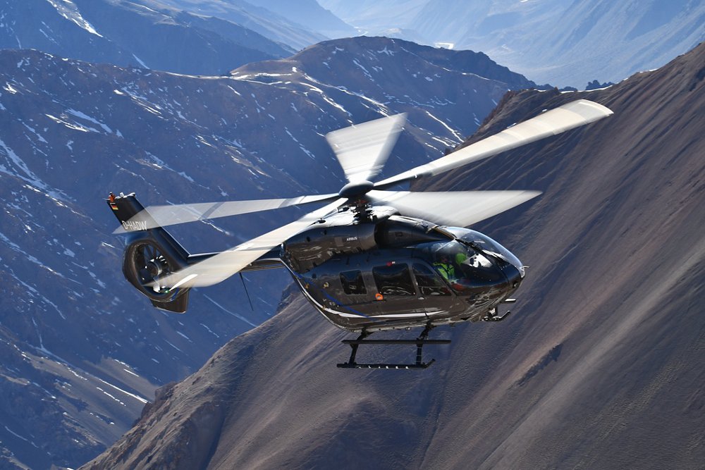 An in-flight view of the five-bladed-rotor version of Airbus Helicopters’ H145, which was certified by the European Union Aviation Safety Agency (EASA) in 2020. 