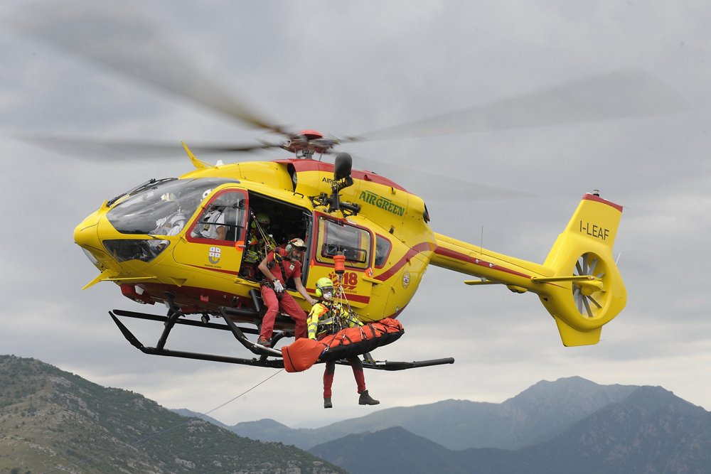 An Airgreen H145 in-flight during a HEMS (Helicopter Emergency Medical Services) mission training exercise. 