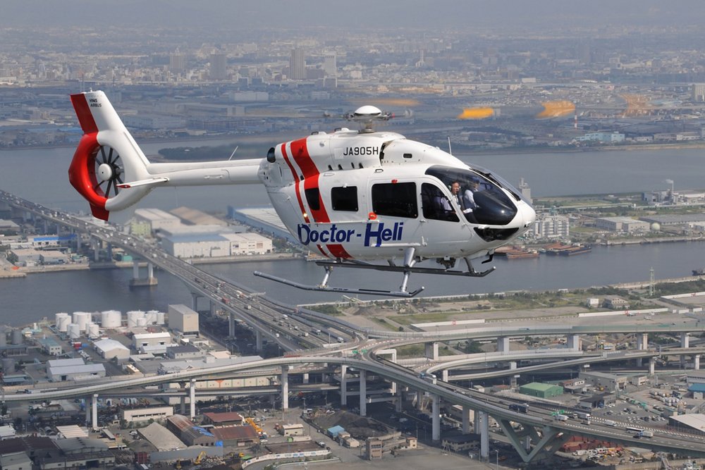 In flight view of an Airbus H145 rotorcraft operated by Hirataguken of Japan. 