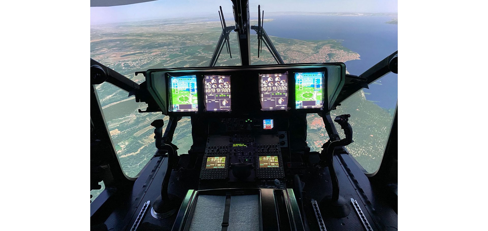 A view from inside the full flight simulator for Airbus’ H160 rotorcraft. 