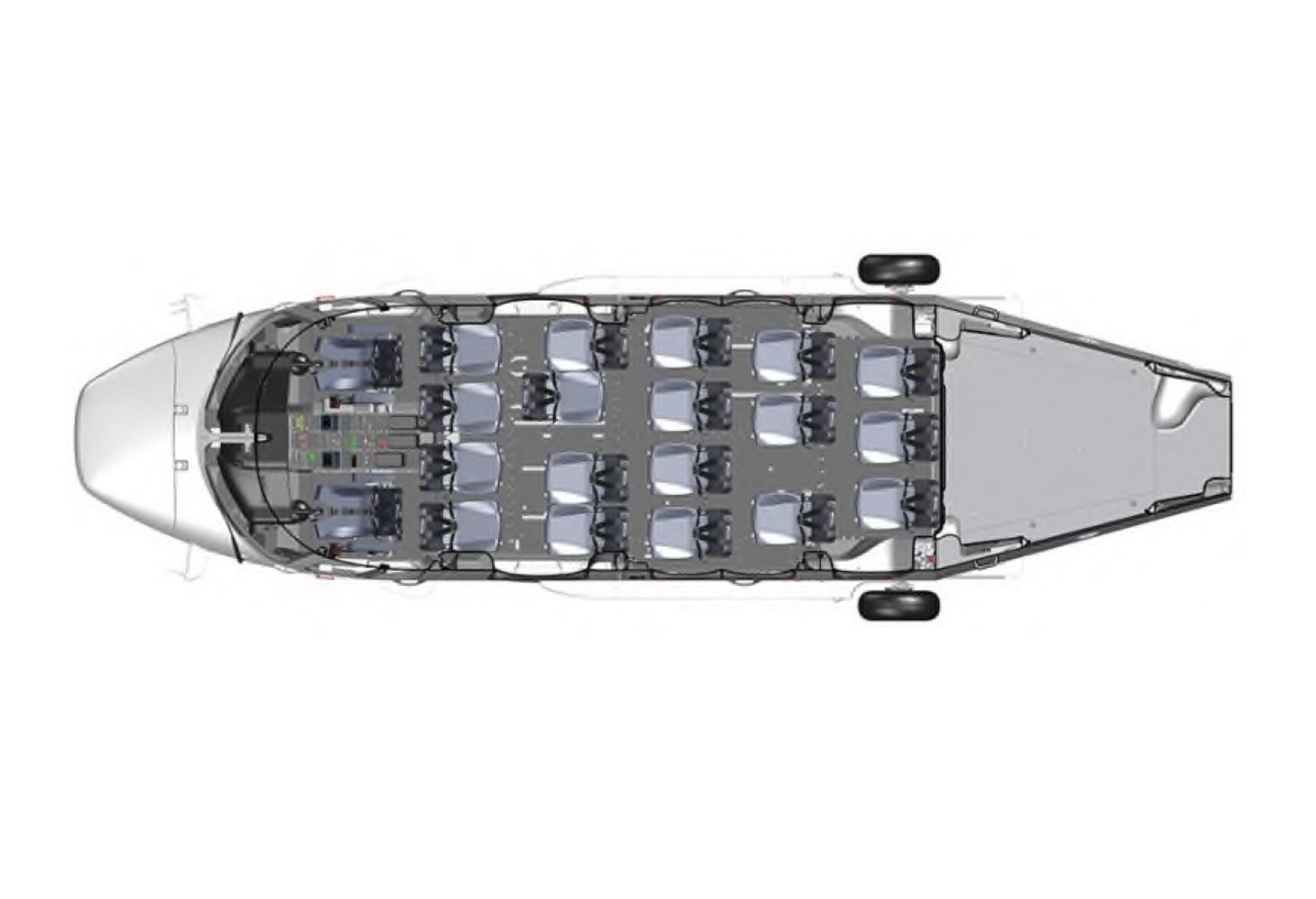 Diagram of an Airbus H175 helicopter cabin configured with 18 seats for commercial passenger transport.