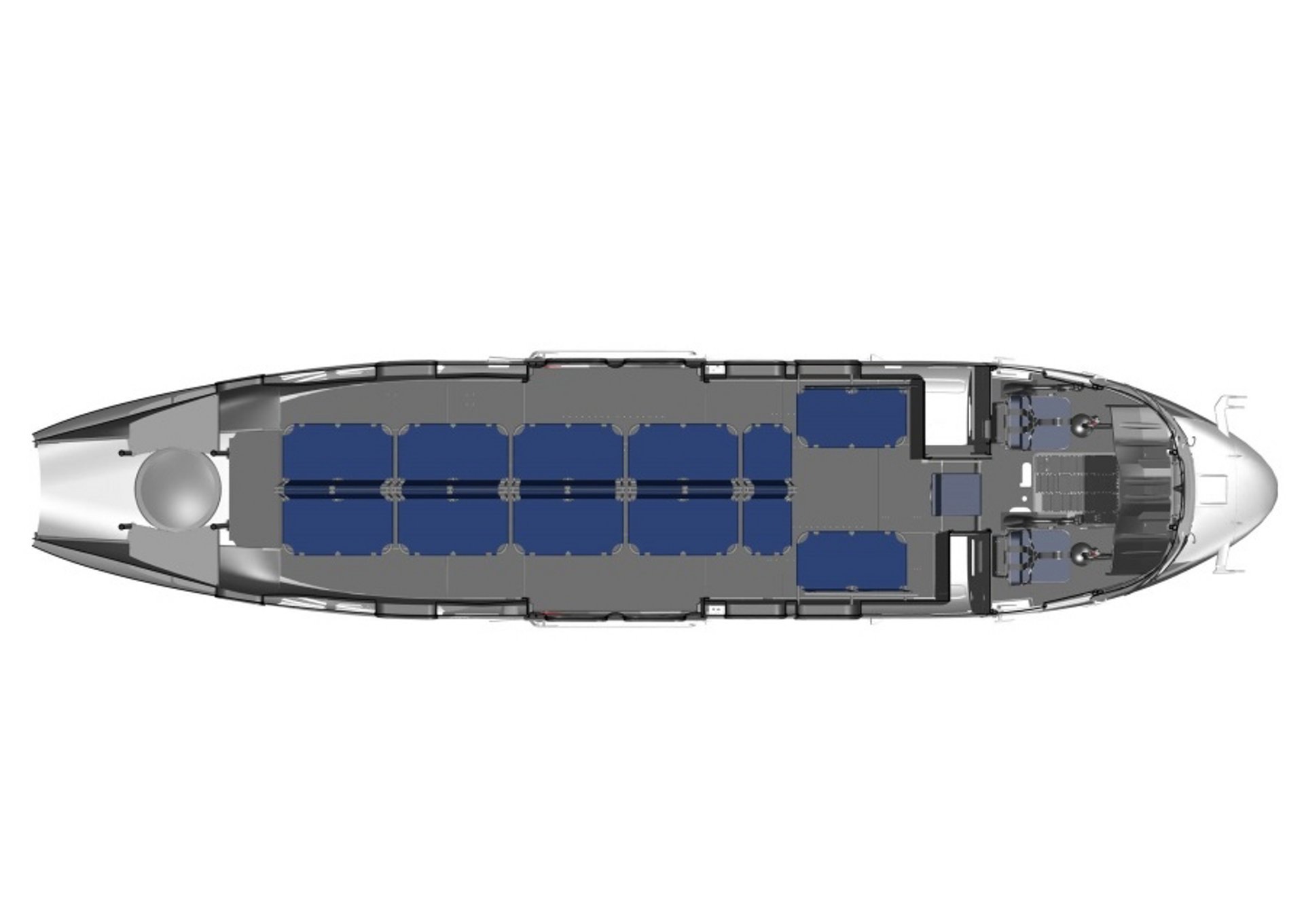 Diagram of an Airbus H215 helicopter cabin configured with 22 troop transport seats.
