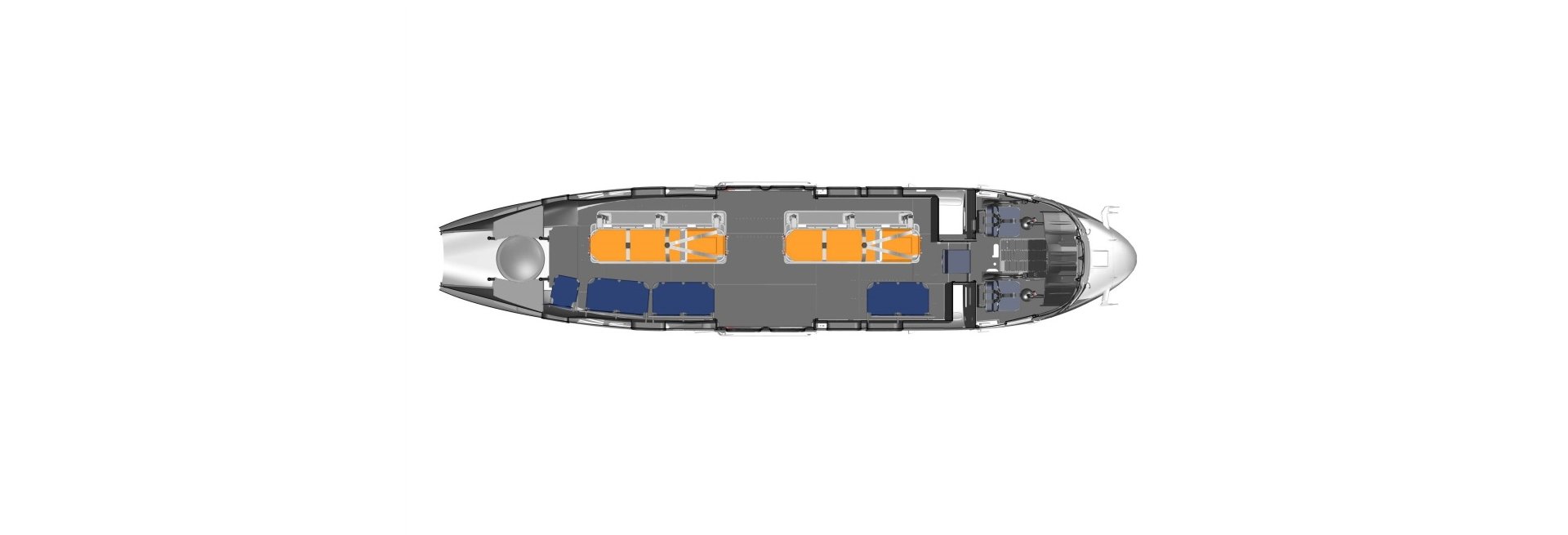 Diagram of an Airbus H215 helicopter cabin configured for casualty evacuation (Casevac) missions. 