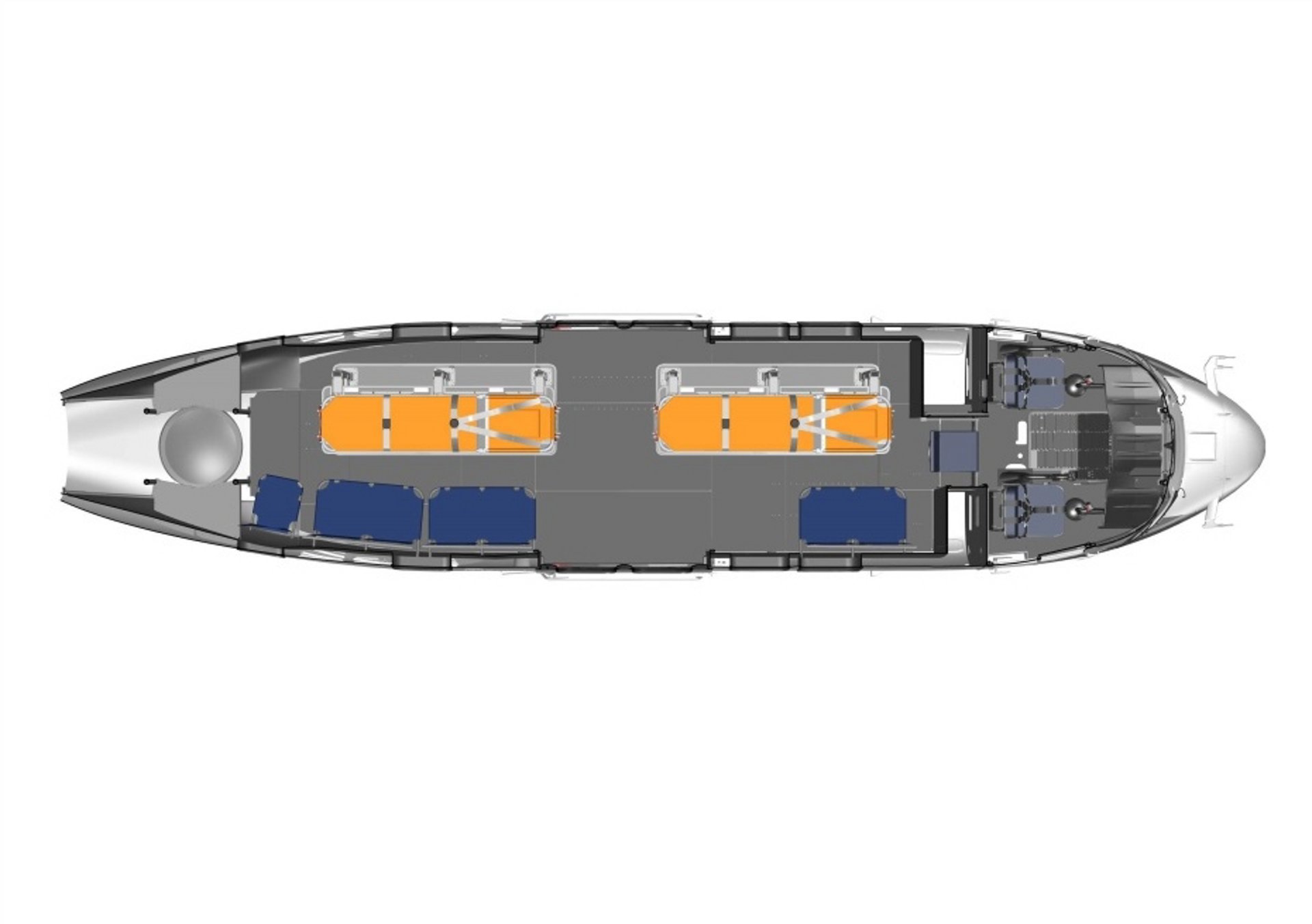 Diagram of an Airbus H215 helicopter cabin configured for casualty evacuation (Casevac) missions.