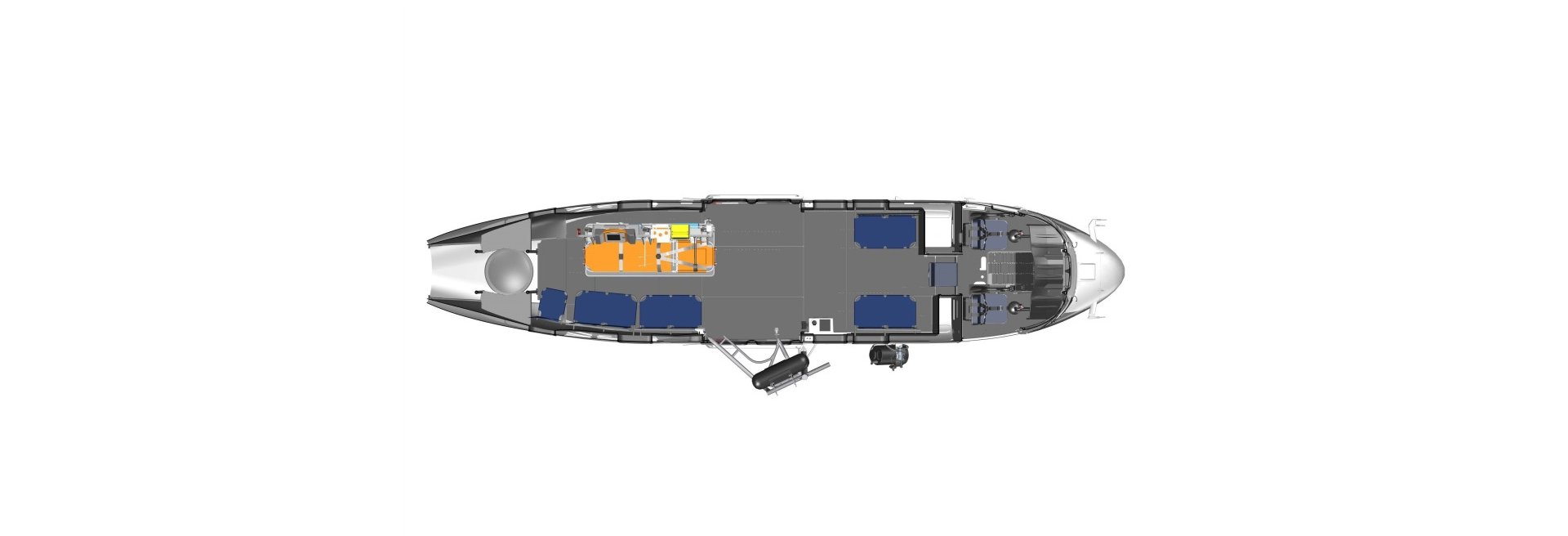 Diagram of an Airbus H215 helicopter cabin configured for search and rescue and/or medical evacuation (Medevac) operations. 