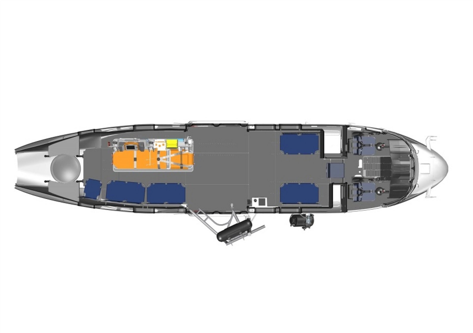 Diagram of an Airbus H215 helicopter cabin configured for search and rescue and/or medical evacuation (Medevac) operations.