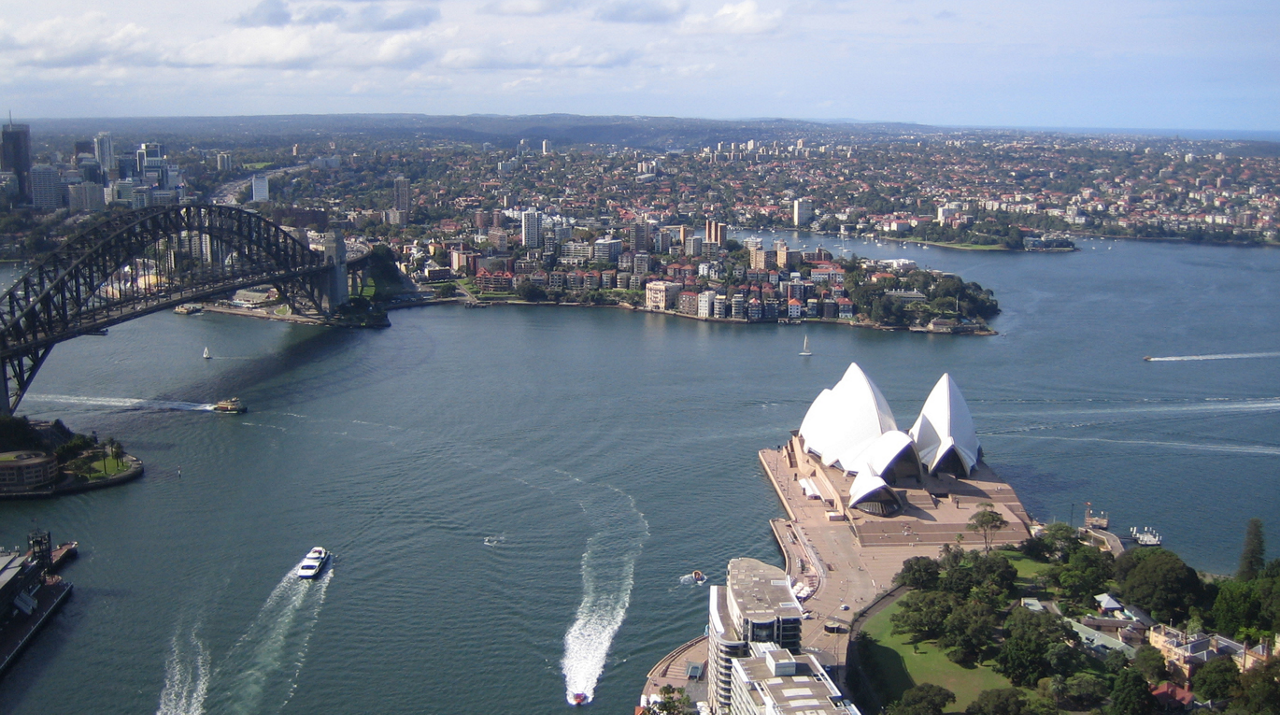 An aerial photo of Sydney Harbour in Australia.  