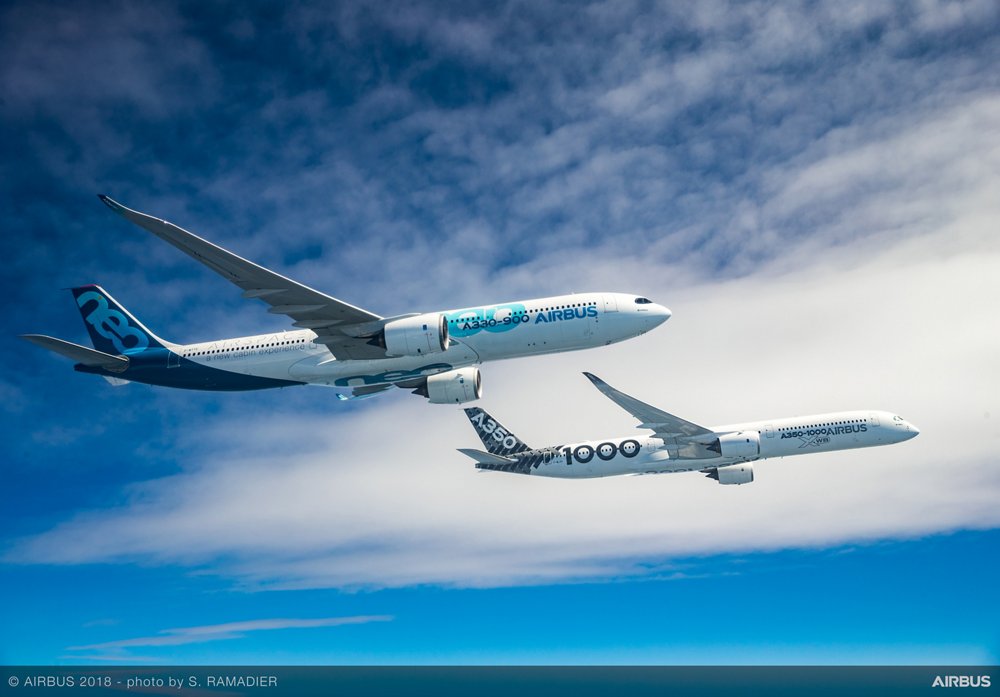 Building on the same dimensions as Airbus' proven A330-300, the A330-900neo version makes for an even more efficient and comfortable aircraft. The A350-1000 features modified wing trailing-edges, larger six-wheel main landing gears, an advanced airframe with extensive use of composite materials, and the world’s most efficient large aero-engine.
