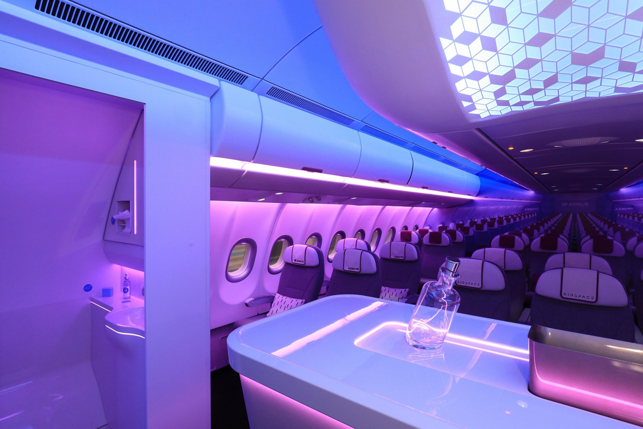 A look inside an A330neo Airspace cabin with custom lighting scenarios