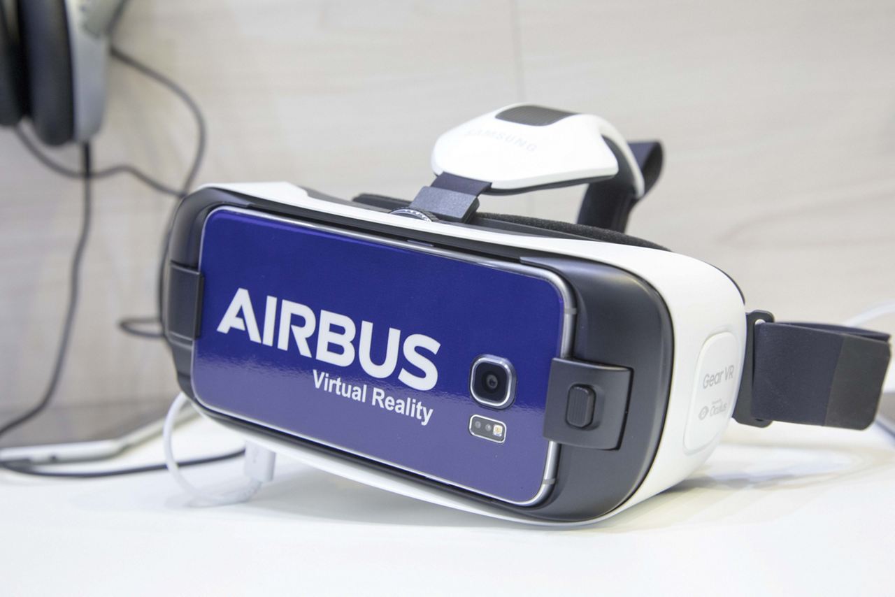 A smart phone-enabled virtual reality headset with Airbus branding 