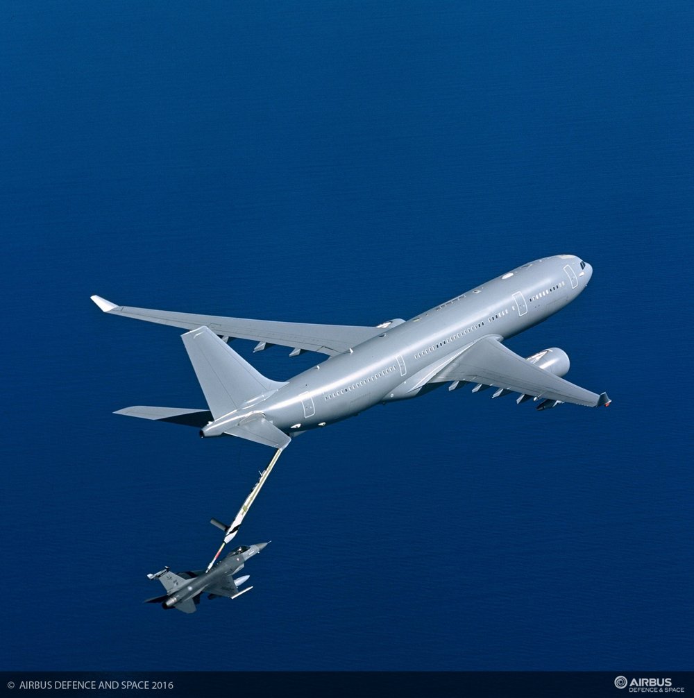 An A330 Multi-Role Tanker Transport delivered to the Royal Australian Air Force is shown during air-to-air refuelling.  