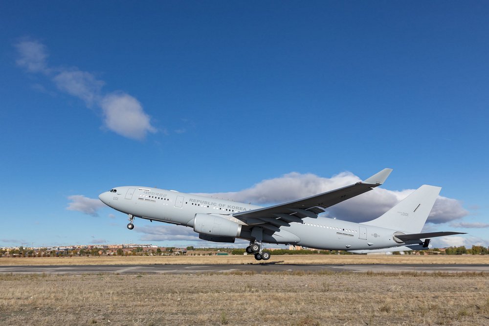 Side view of an A330 Multi Role Tanker Transport (MRTT) delivered to the Republic of Korea Air Force as it takes off. 