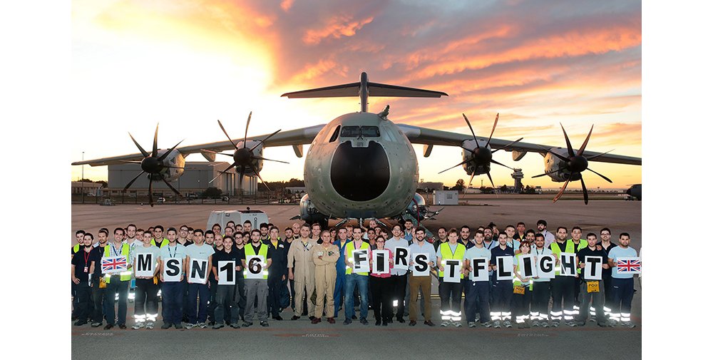 First flight of the UK’s second A400M military airlifter is celebrated by members of Airbus’ flight test team. 