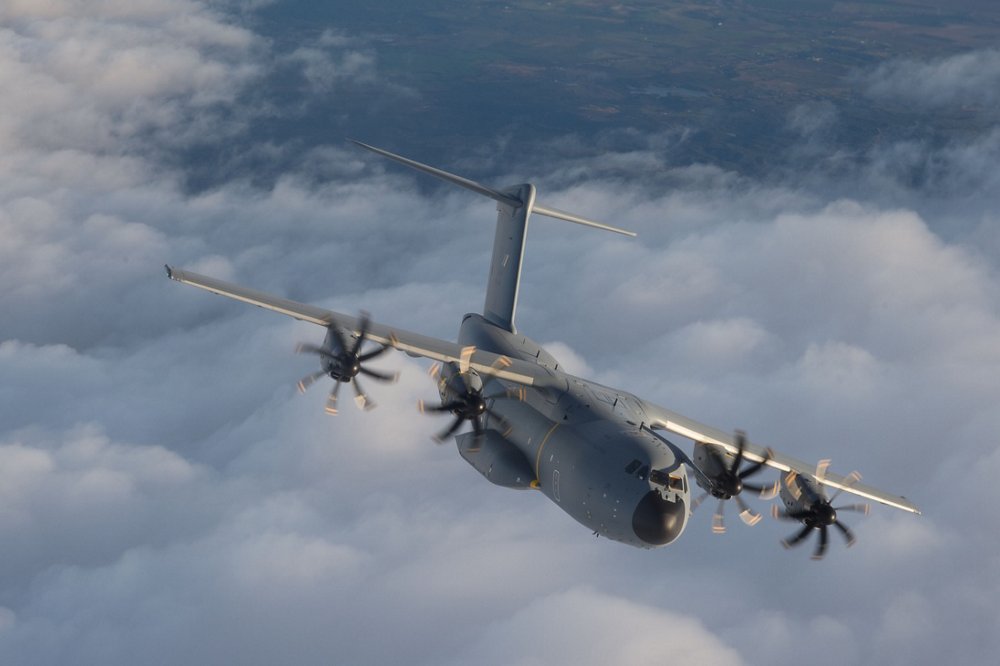 The initial A400M for the Royal Malaysian Air Force is shown in flight. 