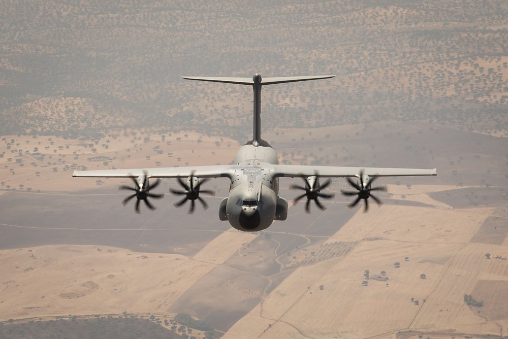 Head-on view of an in-flight A400M military airlifter.  