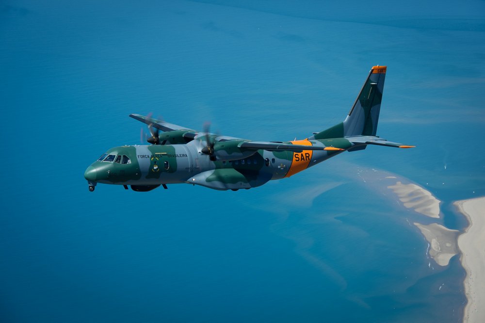 The Brazilian Armed Forces’ first C295 configured for search and rescue (SAR) operations is shown in flight. 