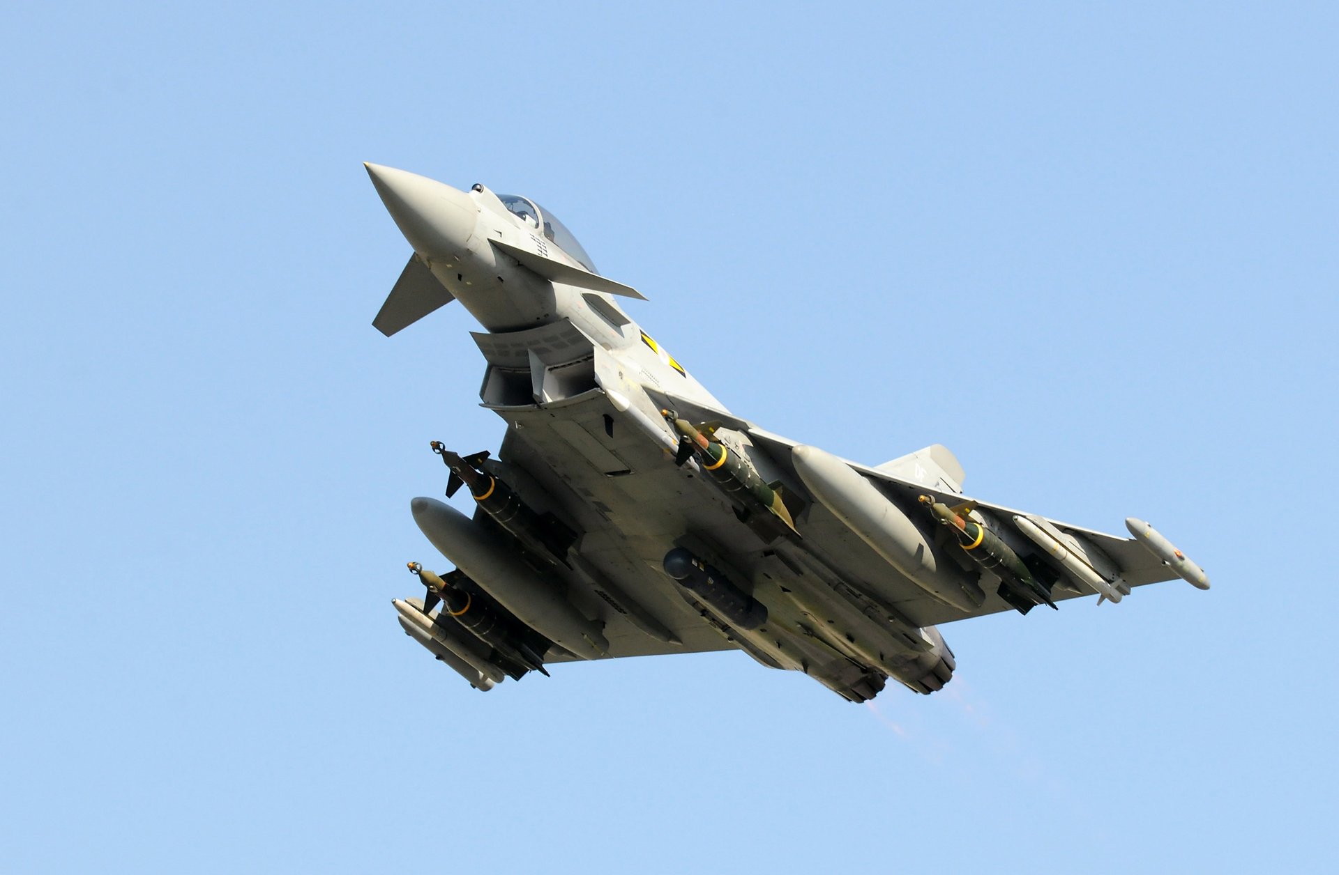 Representation of a Eurofighter Typhoon swing-role fighter aircraft in flight.  
