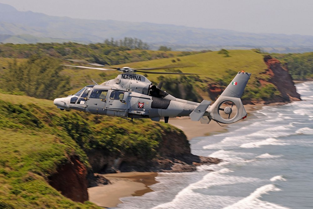 用于执法乐动体育app靠谱吗职责的空中客车AS565 MBE直升机飞过沿海地形。