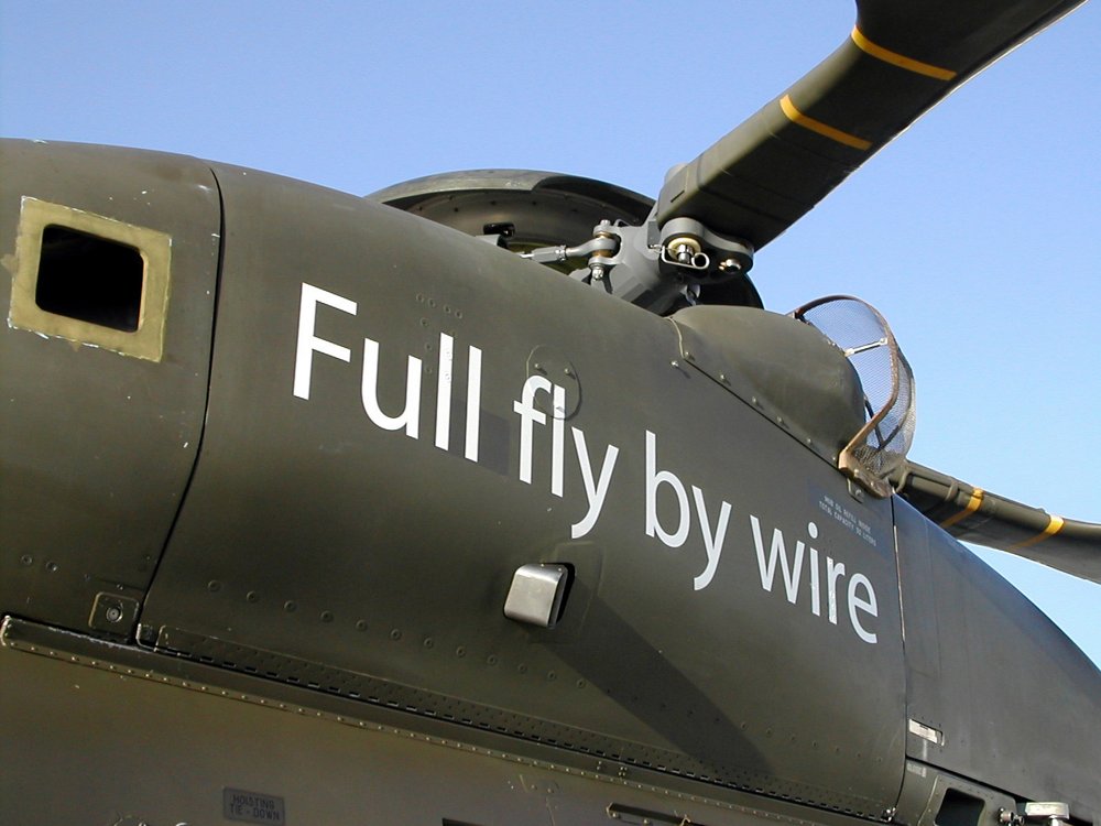 A close-up of the first NH90 helicopter with full fly-by-wire (FBW) controls, which performed its maiden flight in 2003.  