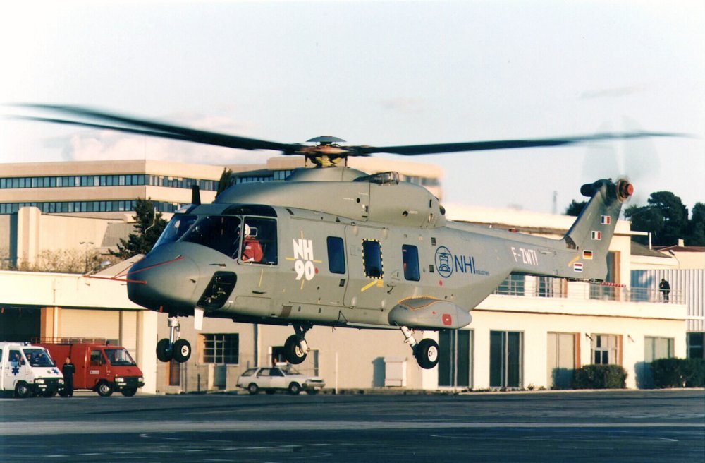 The second NH90 helicopter prototype takes off during its 1997 maiden flight.  