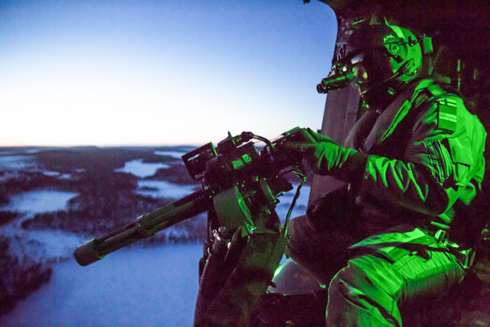 Inside view of Finnish Defence Forces NH90 during live firing exercise.