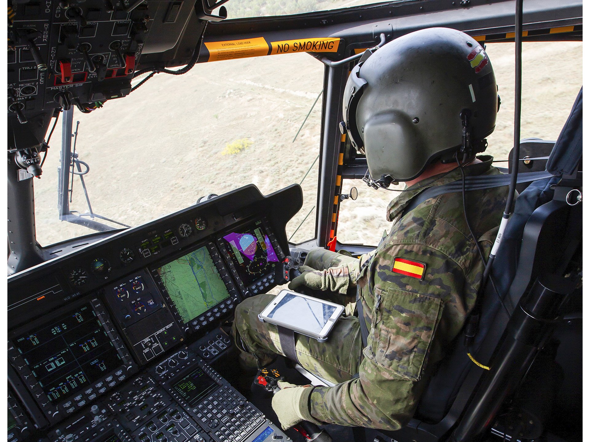 An inside view of a Spanish NH90 helicopter’s cockpit.  