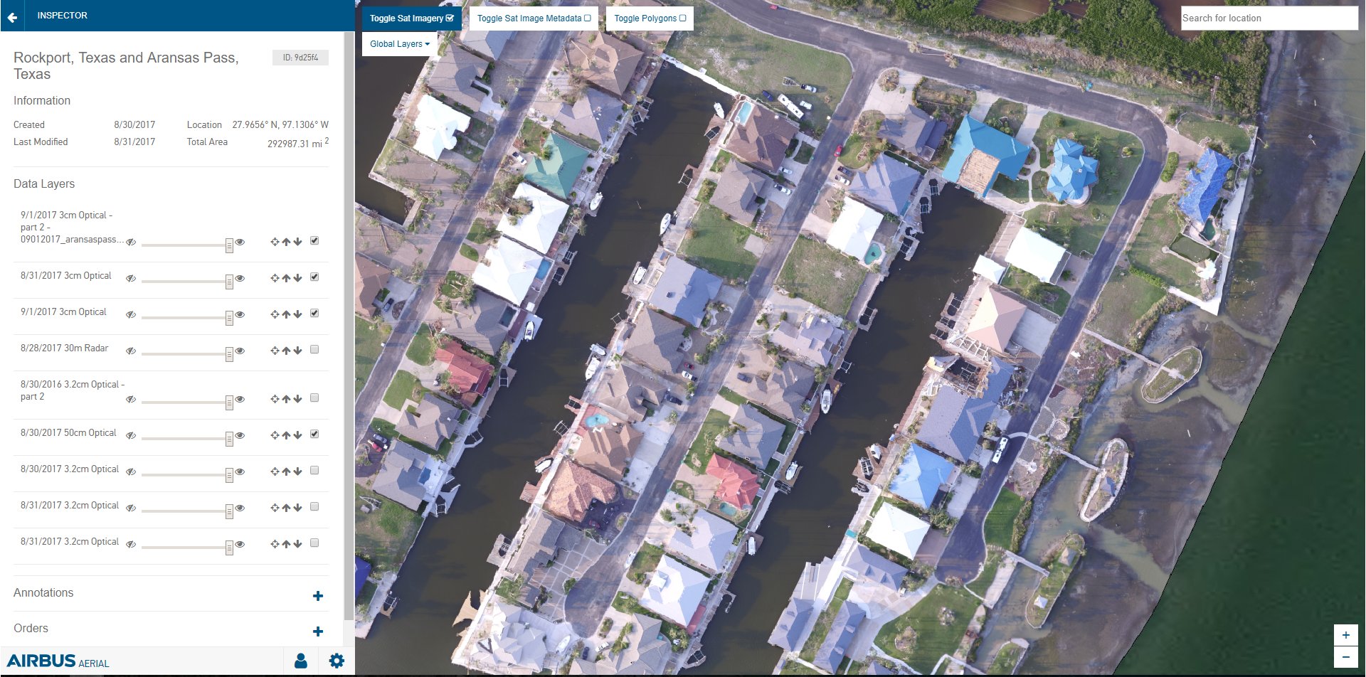 Airbus Aerial is helping hurricane recovery efforts in the southeastern US by granting insurance companies access to its library of aerial base maps and data analytics of the affected region. The sample above shows the company’s drone-captured imagery with data layers of Rockport, Texas.    