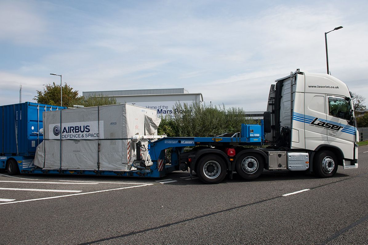 Airbus-built Sentinel-5P satellite leaving Stevenage facility