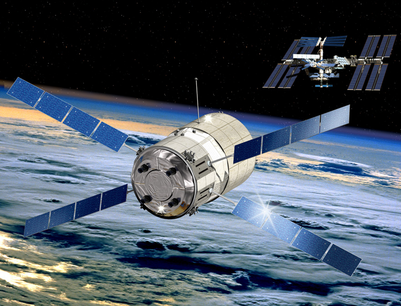 A representation of the Automated Transfer Vehicle (ATV) for servicing of the International Space Station.