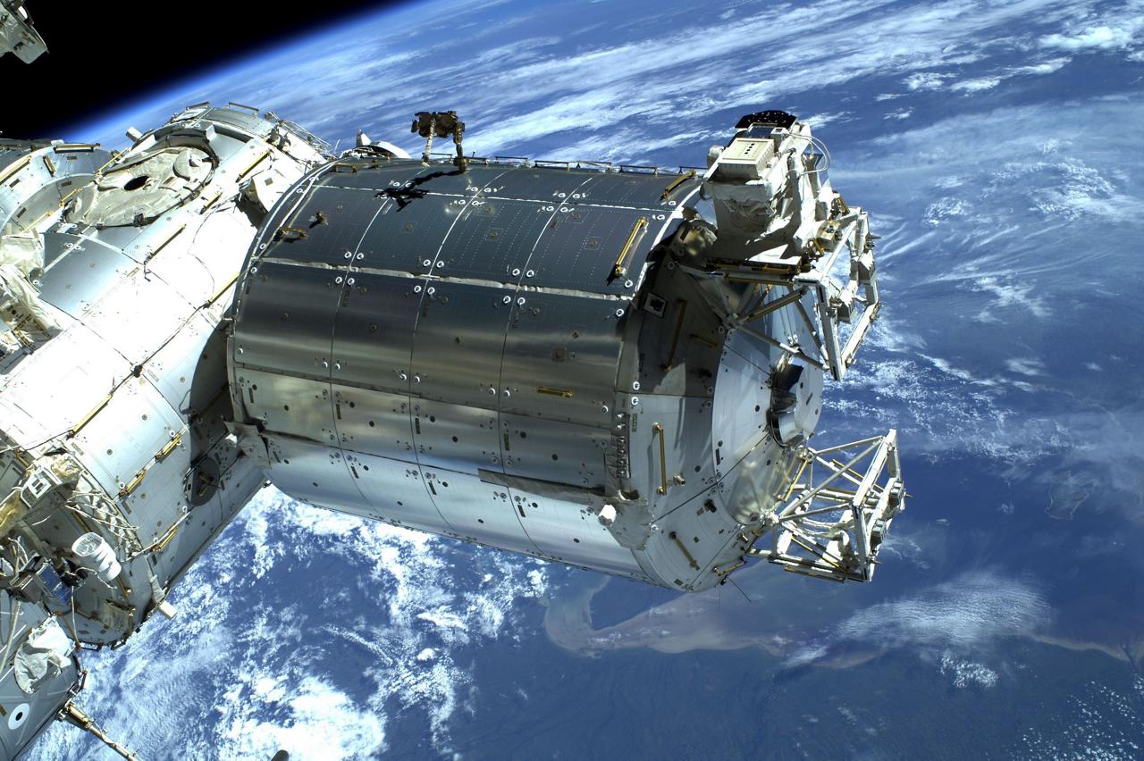 An in-orbit photo of the Columbus science laboratory docked at the International Space Station.   