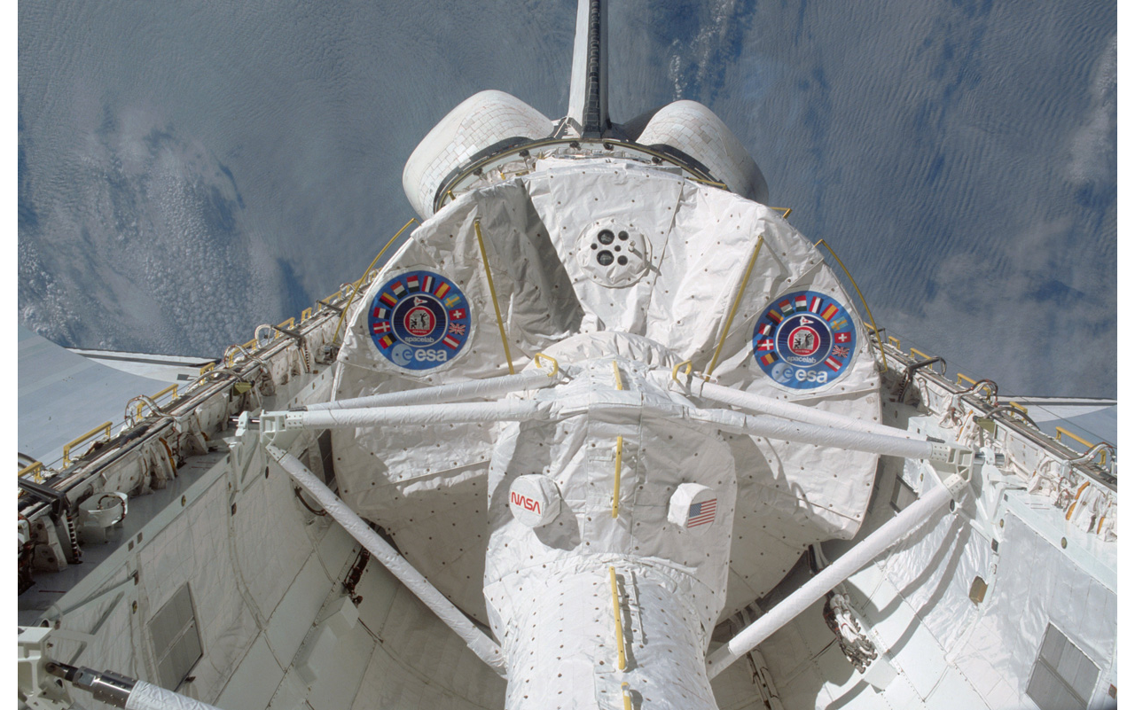 A partial view of the Spacelab reusable laboratory, launched into orbit in 1983.  