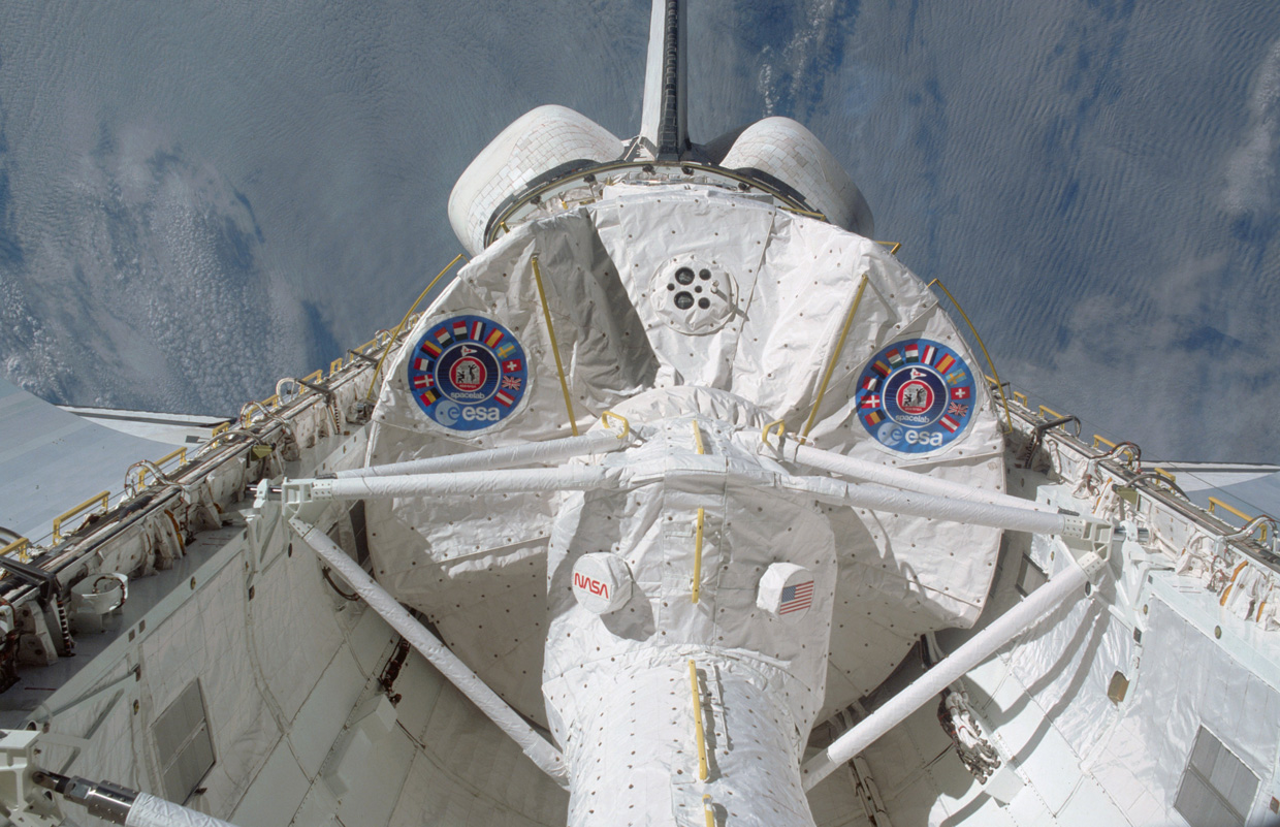 A partial view of the Spacelab reusable laboratory, launched into orbit in 1983.