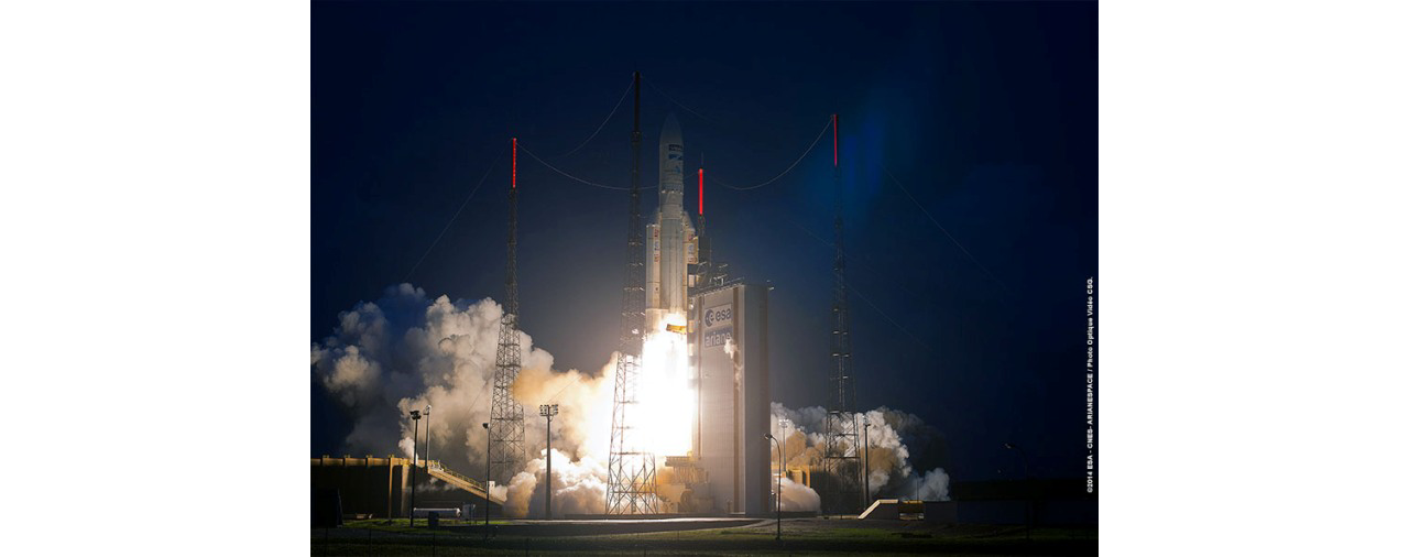 An Ariane 5 launch vehicle lifts off from the Guiana Space Centre in French Guiana.  