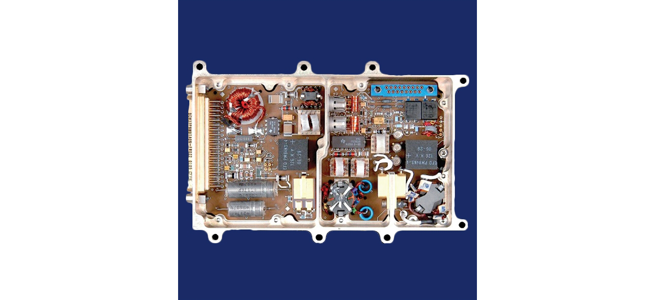 A close-up view of an 60-90 WRF GaN solid state power amplifier for space applications.  